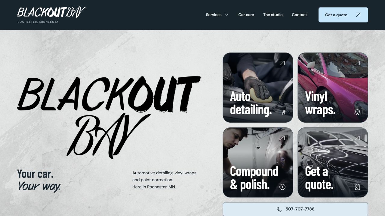 The Blackout Bay website built by Vyse, featuring automotive detailing, vinyl wraps and a quote request